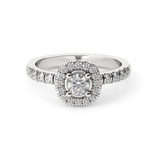 Anillo de Compromiso Halo Aello Oro Blanco 18kt Anillo de compromiso AELLO en oro blanco 18k Fairmined o platino responsable 950 con diamante de 25 o 30 puntos originario de Canadá