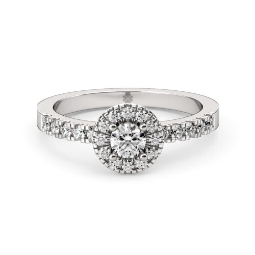 Anillo de Compromiso Halo Aether Oro Blanco 18kt Anillo de compromiso AETHER en oro blanco 18k Fairmined o platino responsable 950 con diamante de 20 o 30 puntos originario de Canadá
