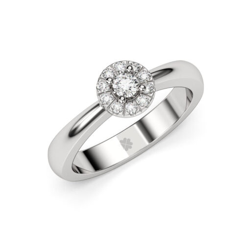 Anillo de Compromiso Halo Aura Oro Blanco 18kt Anillo de compromiso AURA en oro blanco 18k Fairmined o platino responsable 950 con diamante de 10 o 15 puntos originario de Canadá