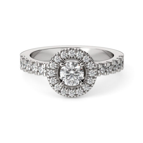 Anillo de Compromiso Halo Eos Oro Blanco 18kt Anillo de compromiso EOS en oro blanco 18k Fairmined o platino responsable 950 con diamante de 40 o 50 puntos originario de Canadá