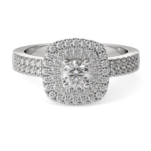 Anillo de Compromiso Halo Lactia Oro Blanco 18kt Anillo de compromiso LACTIA en oro blanco 18k Fairmined o platino responsable 950 con diamante de 40 o 50 puntos originario de Canadá