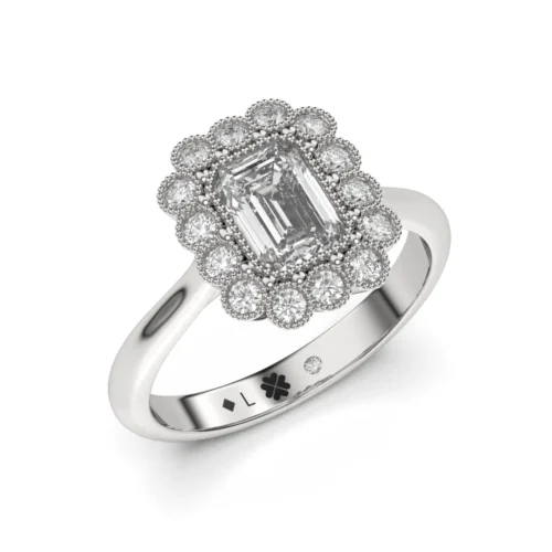 Anillo de Compromiso Vintage Beatriz Platino Diamante Corte Esmeralda